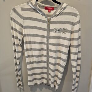 Guess Hooded Zip Sweater in White and Light Gray Stripes
